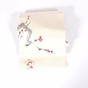 Art hand Auction Nagoya Obi Shiose Blanco Rojo Sumi Ciruela Pintado a mano A256, kimono de mujer, kimono, banda, otros