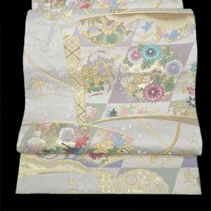 ★きもの北條★　四季草花　華紋　華文　中古　六通　正絹　袋帯　T658-3