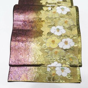 ★きもの北條★ 花の図　椿　箔糸　六通　中古　正絹　袋帯　T657-11