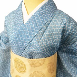 小紋 着物 中古 絹紅梅 正絹 木綿 夏物 カジュアル 松皮菱模様 露草色 身丈158.5cm 裄65.5cm M きもの北條 A1000-7