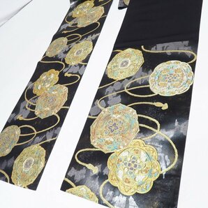 ★きもの北條★ 鏡裏文 花文 華紋 箔糸 六通 中古 正絹 袋帯 T667-14の画像6