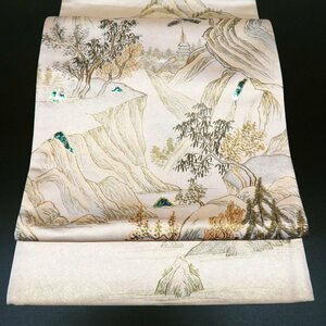 ★きもの北條★ 螺鈿　金彩　蘇州刺繍　風景　六通　中古　正絹　袋帯　T667-16