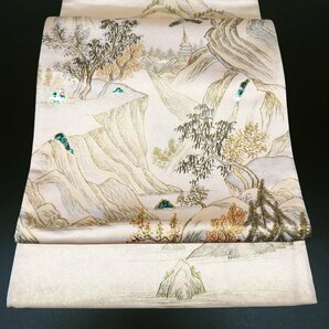 ★きもの北條★ 螺鈿 金彩 蘇州刺繍 風景 六通 中古 正絹 袋帯 T667-16の画像1