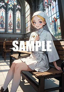 【一点物 アートイラスト】ai 美女 美少女 ポスター 2次元 アニメ 高画質 同人 漫画 シスター 太もも むちむち 写真光沢紙 A4サイズ 00264