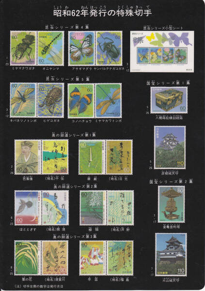 5683【150円+送料200円】《郵便下敷》「昭和62年(1987年)発行の特殊切手(記念切手)」下敷