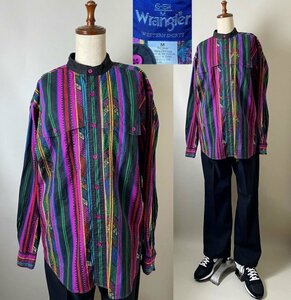 【USED品 希少 ネイティブ柄】ビンテージ 90s WRANGLER ラングラーコットン100% スタンドカラー マルチカラー ウエスタンシャツ M