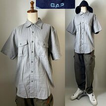 ★【ビンテージ オールド ギャップ 刺繍タグ】スリランカ製 90s位 GAP リネン コットン ハーフスリーブ 半袖 ポケット シャツ S グレー系_画像1