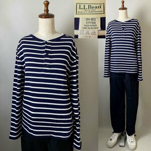 ★【希少 ペルー製 国内正規品】LLBEAN LLビーン (L.L.) 0FYS4 コットン100％ リブ ボーダー ヘンリーネック ロンT Tシャツ SM-R ネイビー