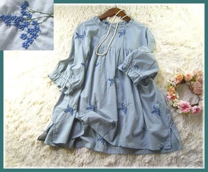 * new goods 3L/4L* blue. botanikaru embroidery cotton tunic *.. origin frill * after button * puff sleeve! beautiful color / mint blue 