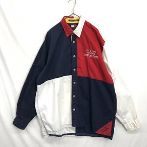 KZ8087★TOMMY HILFIGER : 90's Old SAILING GEAR クレイジーパターンシャツ★M★ネイビー/赤/白系 オールドトミーヒルフィガー