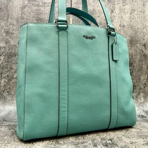 未使用級 COACH コーチ ダブルハンドル ハドソン トートバッグ ハンド メンズ レディース A4 2way レザー ティファニーブルー グリーン系