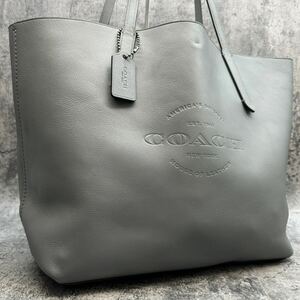 美品 COACH コーチ ハドソン トートバッグ 肩掛け ロゴ型押し デカロゴ 大容量 メンズ ビジネス A4 書類 レザー 本革 ヘリテージ グレー系