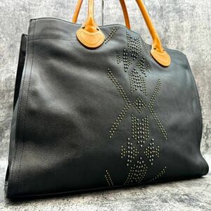  rare ultimate beautiful goods HUNTING WORLD Hunting World men's business A4 document high capacity shoulder .. tote bag studs leather original leather black black 