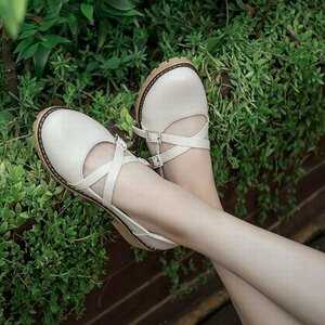  round tu pumps strap low heel shoes beige 24cm