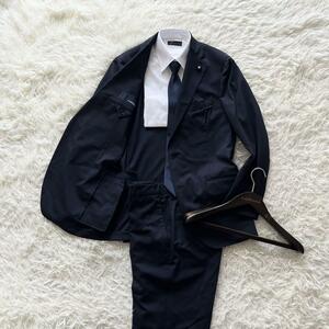 ＜美品＞ LARDINI ラルディーニ 新ロゴ ネイビー ウール スーツ セットアップ ブートニエール サイズ48 Lサイズ ビジネス 結婚式