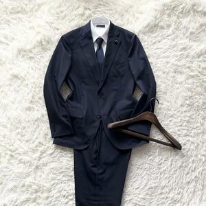 ＜極美品＞ LARDINI ラルディーニ 新ロゴ ネイビー ウール スーツ セットアップ ブートニエール サイズ50 Lサイズ ビジネス 結婚式