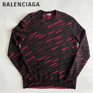◆極美品/正規品◆BALENCIAGA バレンシアガ ダイアゴナルピンクロゴジャカードニット サイズS 黒 ピンク ユニセックス オーバーサイズ