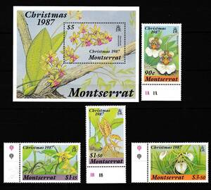 切手　モンセラート　花　　小型シートと4種完　　未使用 　1987　