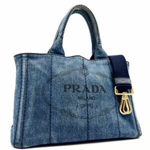 1円 ■人気■ PRADA プラダ カナパ 2way ショルダーバッグ デニム 三角プレート ボストン ハンドバッグ キャンバス ブルー 青 正規品