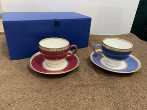 ■1円 未使用品 WEDGWOOD ウェッジウッド ユーランダーパウダー ルビー・ブルー ペア ティーカップ＆ソーサー 黒壺印 割れ欠けなし 箱付 