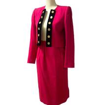 90s YVES SAINT LAURENT イヴサンローラン クロップド 金ボタン ベロア切り替え セットアップ スーツ ジャケット スカート ピンク vintage _画像2