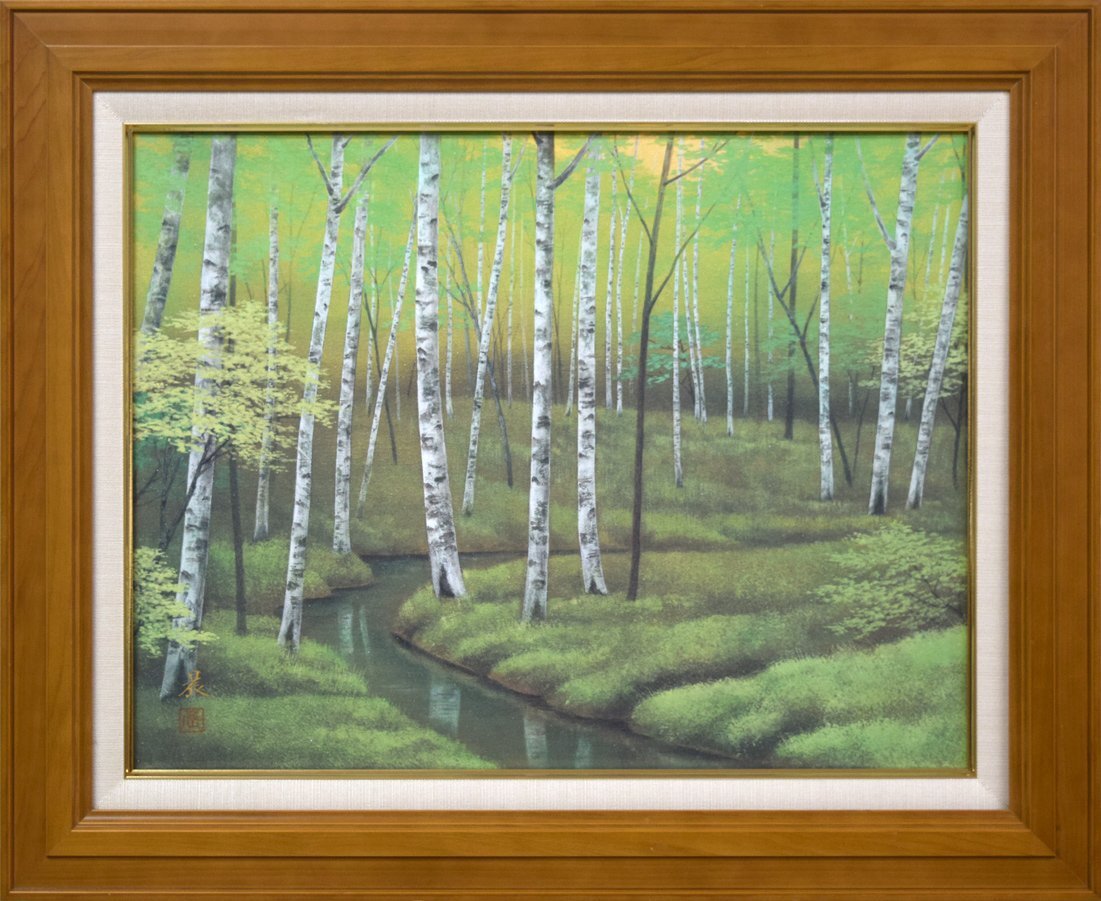 [Kotake Art] Garanti authentique ■ Harada Akira Birch Forest Techniques mixtes, Format P10 ■ Peintre japonais ■ En bon état, Peinture, Peinture japonaise, Paysage, Vent et lune