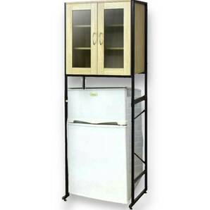 未使用 幅60㎝ キッチンラック/上段収納付オープンラック 食器棚 ガラス扉 MK1216 オーク 要組立 9台有 棚を外すと2ドア冷蔵庫が置けます。の画像8