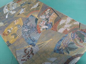 ●【徳川美術館 秘蔵】両面 全通柄 袋帯 【能楽百扇】【24金プラチナ三重箔】高級 西陣 正絹 鳳凰 孔雀 鶴 亀 人物 絵巻 縁起物 美品 ③