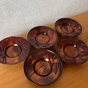 烏城彫 茶たく 5枚 笹の葉模様 岡山工芸品 民芸品 天然木