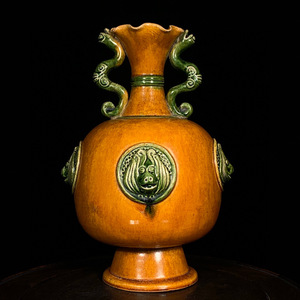 【仁】『唐・古陶瓷品・三彩・獣頭雙龍瓶』極細工 古賞物 中国古玩 古美術 古美味