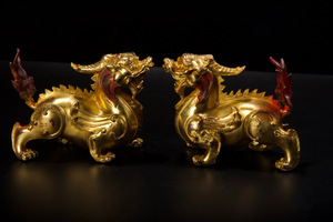 【仁】『銅製・塗金・貔貅一對・置物・賞物』極細工 古賞物 中国古玩 古美術 古美味