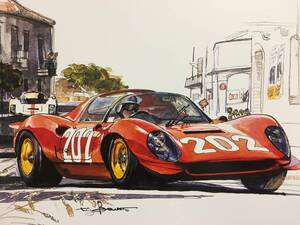 【正規品 絶版】Bowイラスト フェラーリ ディーノ 206SP カーマガジン 244 Ferrari Dino 206SP アンティーク クラシックカー 旧車 絵