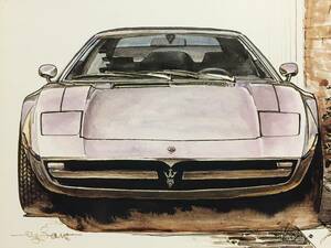 【正規品 絶版】Bowイラスト ポストカード マセラティ メラク カーマガジン Maserati Merak 絵葉書 旧車 絵