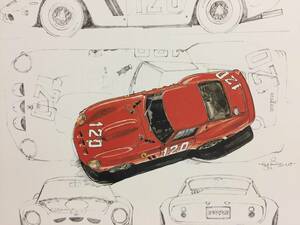 【正規品 絶版】Bowイラスト フェラーリ 250GTO カーマガジン 72 Ferrari 250GTO アンティーク インテリア クラシックカー 旧車 絵