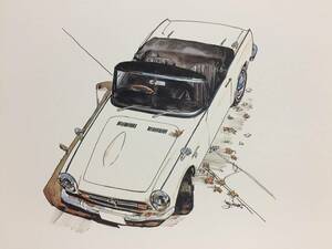 【正規品 絶版】Bowイラスト ホンダS800 カーマガジン 56 Honda S800 アンティーク インテリア クラシックカー 旧車 絵