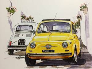 【正規品 絶版】Bowイラスト フィアット 500 カーマガジン 240 Fiat 500 アンティーク インテリア クラシックカー 旧車 絵