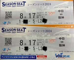 8月17日(土)　バンテリンドーム　阪神タイガース戦　エメラルドシート、200番台　前から5列目 