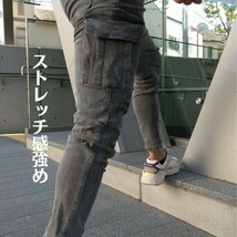 デニムカーゴパンツM灰色　ダメージジーンズ　ストレッチワークパンツ　作業着 バイクパンツ_画像3