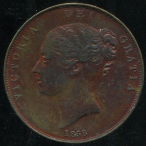 イギリス １ペニー銅貨(1858：ビクトリアヤング) / KM： 739 / 重量： 19 グラムの画像1