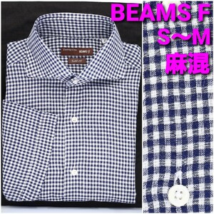 【美品】BEAMS F 半袖シャツ メンズS～M 麻混 ホリゾンタルカラー ギンガムチェック