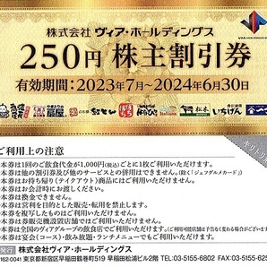 ヴィアホールディングス 株主優待券 250円割引券 20枚set（5000円分） ～9組迄 2024年6月末迄有効 魚や一丁・紅とん・扇屋・ぼちおちの画像1