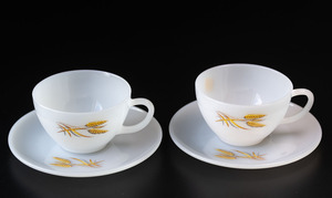  rare! price . attaching Fire King we to wheat cup & saucer 2 customer set heat-resisting milk glass coffee tea black tea Vintage cup 