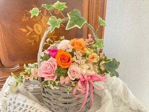 C◆母の日◆Handmade◆プリザーブドフラワー◆original basket arrangement◆ Ivy natural arrangement◆枯れない花◆水やり不要◆