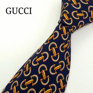 グッチ GUCCI ネクタイ 総柄 ホースビット 紺 黄 シルク イタリア製