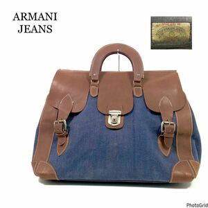 ☆希少品☆ ARMANI JEANS アルマーニジーンズ レザー×デニム地 ハンドバッグ ボストンバッグ ヴィンテージ