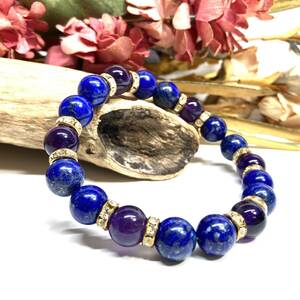  lapis lazuli & amethyst Power Stone bracele natural stone breath ( Gold ) 10mm men's * lady's love . amulet 