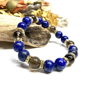  lapis lazuli & smoky quartz Power Stone bracele natural stone breath ( Gold ) 10mm men's * lady's .. amulet 