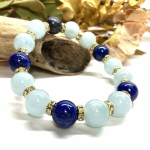  aquamarine & lapis lazuli Power Stone bracele natural stone breath ( Gold ) 12mm.. better fortune men's man 