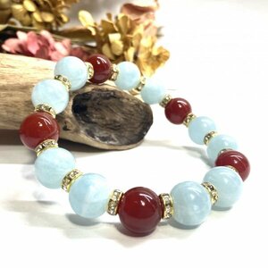  aquamarine & red .. Power Stone bracele natural stone breath ( Gold ) 12mm.. better fortune men's man 