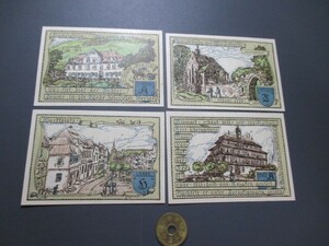 未使用　ドイツ地方紙幣　ファッハ町　1921年　絵入コレクター用　75ペニヒ4枚